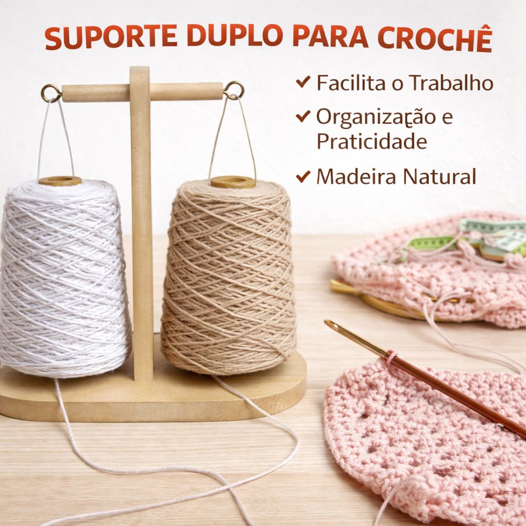 Suporte Duplo Para Barbante Crochê Até 1kg Porta Fio Artesanato Madeira Natural