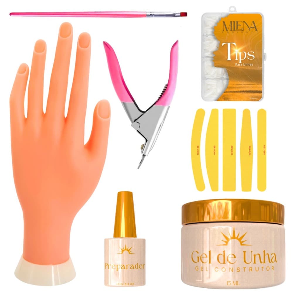Kit Mão de Treino Completo Gel Tips Pincel Preparador Cortador Lixa Manicure Unhas Gel Porcelana Fibra