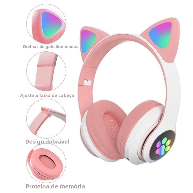 Fone De Ouvido Orelha De Gato Gatinho Cat Bluetooth Ear Com Led Rgb Headphone