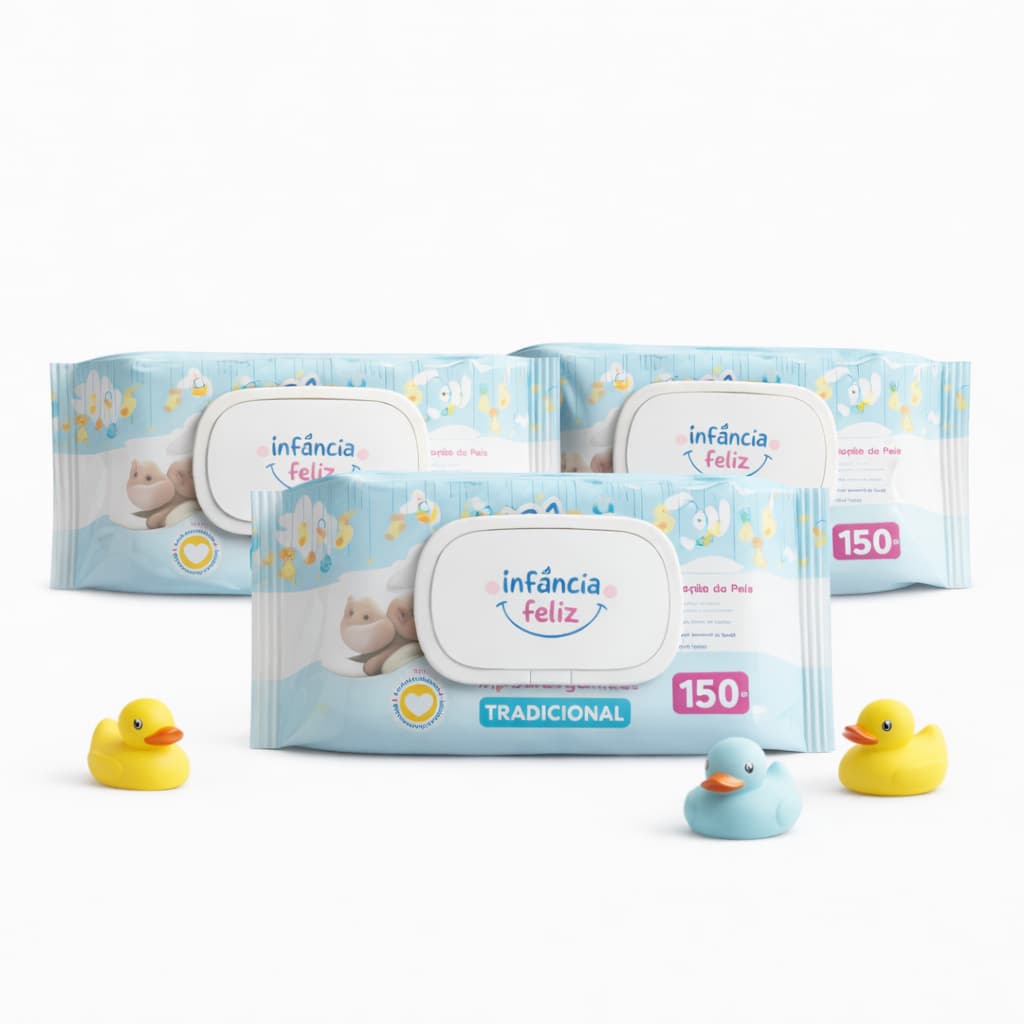 Kit 3 Toalhas Umedecidas Infância Feliz 150 Folhas 98% Água com Tampa Lenço Umedecido