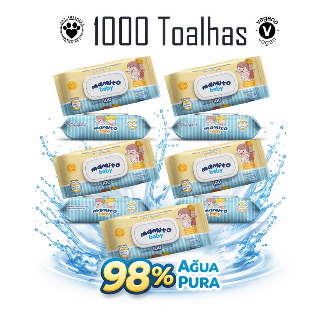 Kit 10 Toalhas Umedecidas MAMITO Premium 100 Folhas Tampa Flip Top