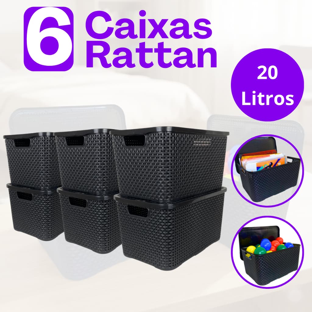 Kit Jogo Com 6 Caixas Organizadora Rattan Com Tampa Preto 20 Litros Cestos Guarda Roupa Banheiros