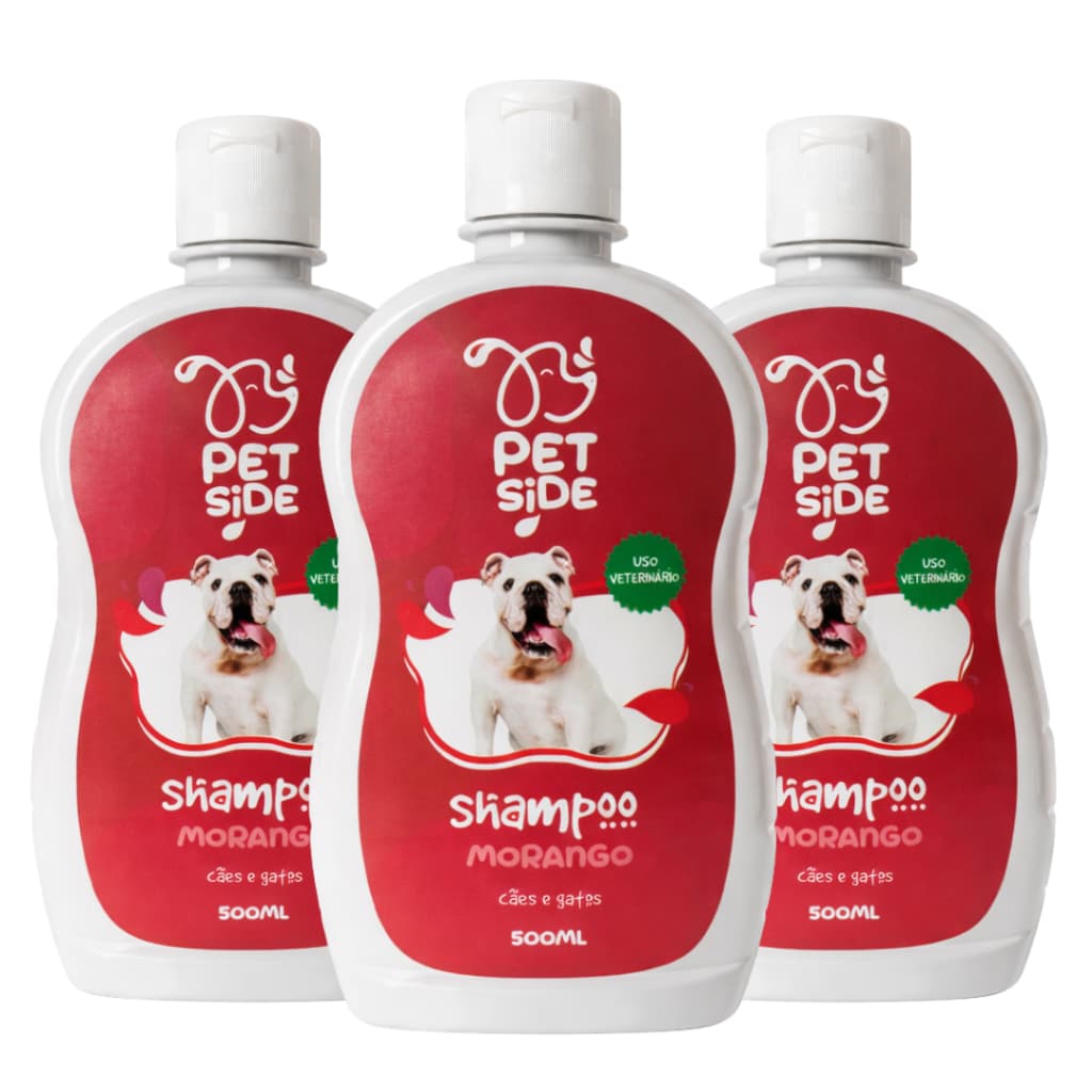 Kit 3 Shampoo para Cachorro Gato Cães Morango Petside 500ml Perfumado Banho Petshop