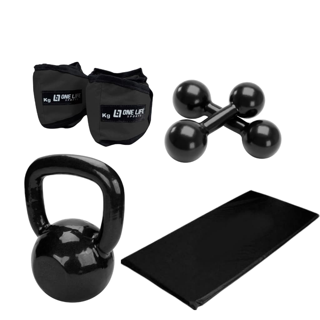 Kit Treino Funcional Caneleira 2kg + Halter 3kg + Kettlebell 4kg + Colchonete | Condicionamento