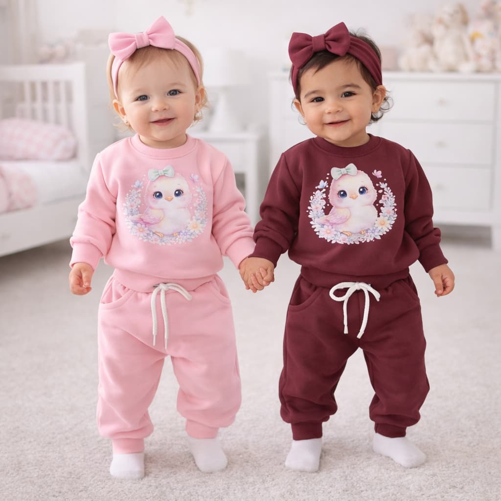 Conjunto + faixa com Laço inverno Moletom Flanelado Bebê menina Calca e Blusa– RN ao 2 Anos