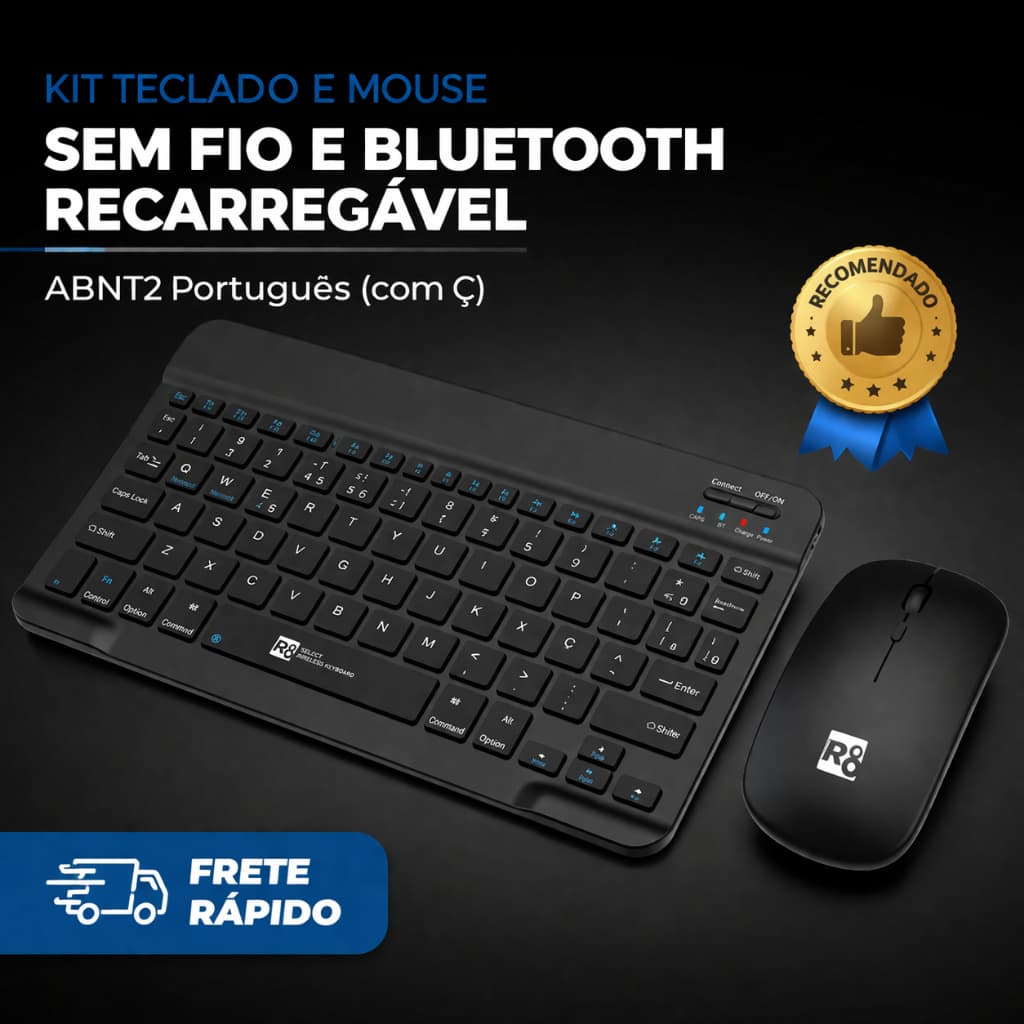 Kit Teclado e Mouse Bluetooth Sem Fio Recarregável Slim ABNT2 Android iOS Windows Tablet Celular