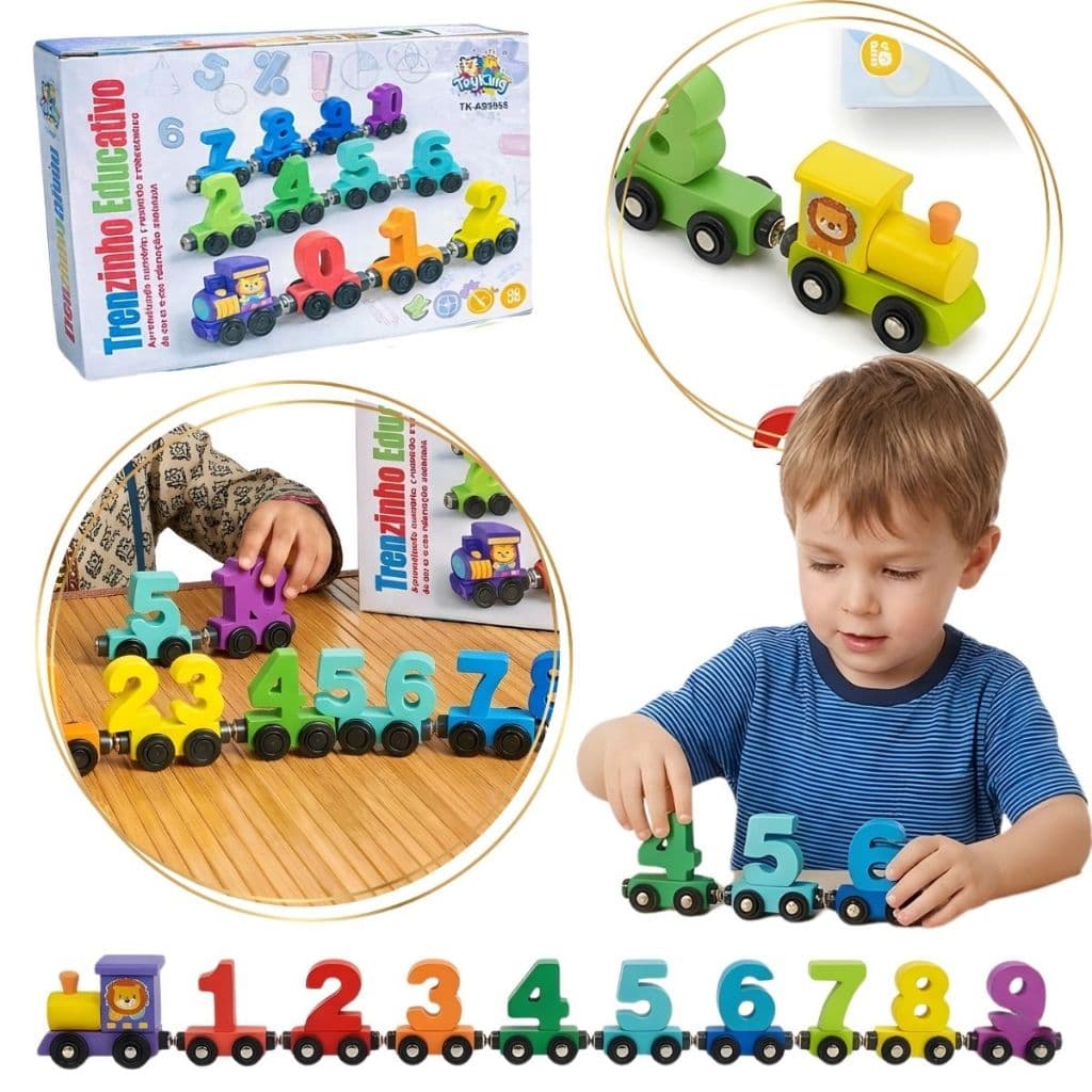 Trem Magnético Imã de Madeira Brinquedo Educativo Pedagógico Colorido Matemática