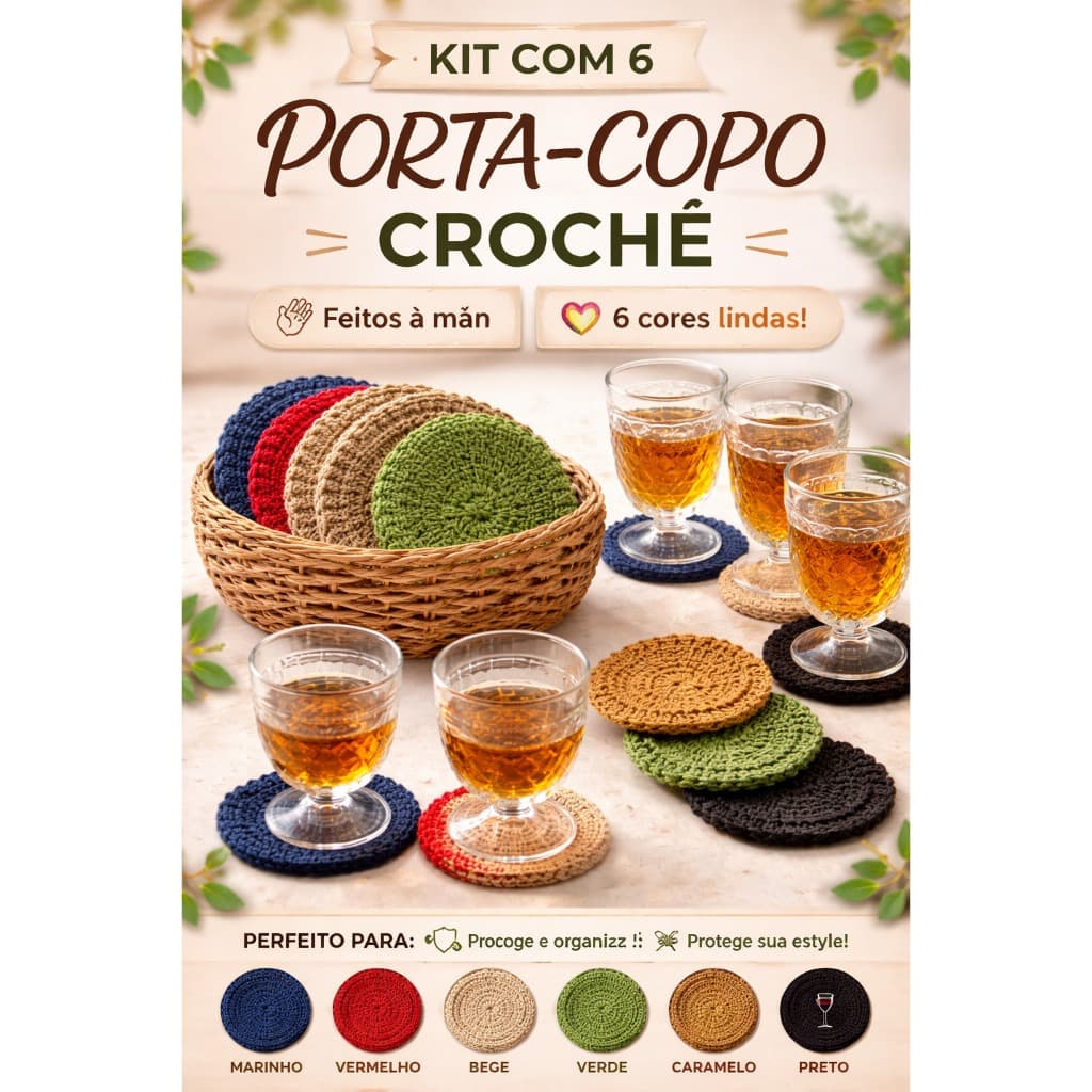 Porta Copo de Crochê jogo com 6 Peças Artesanal Decorativo