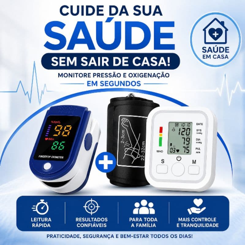 Kit Medidor de Pressão e Oxímetro Digital Braço e Dedo Monitor Arterial Portátil Completo