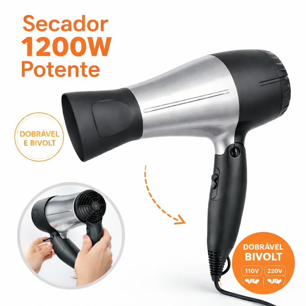Secador  Cabelo Bivolt Portátil Dobrável Profissional Potente Pequeno Leve Viagem Academia Compacto
