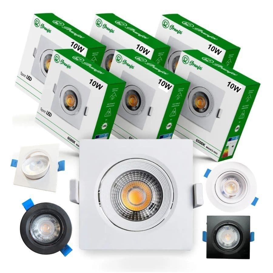 Kit 5-20 Luminária Spot Led 10w Branco Preto Embutir Quadrado Redondo Branco Frio Neutro Quente