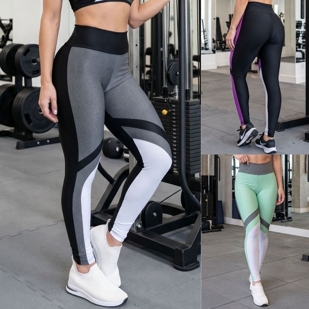 Calça Legging Feminina Fitness Academia Ginástica Crossfit Cintura Alta Suplex Recorte Colorido