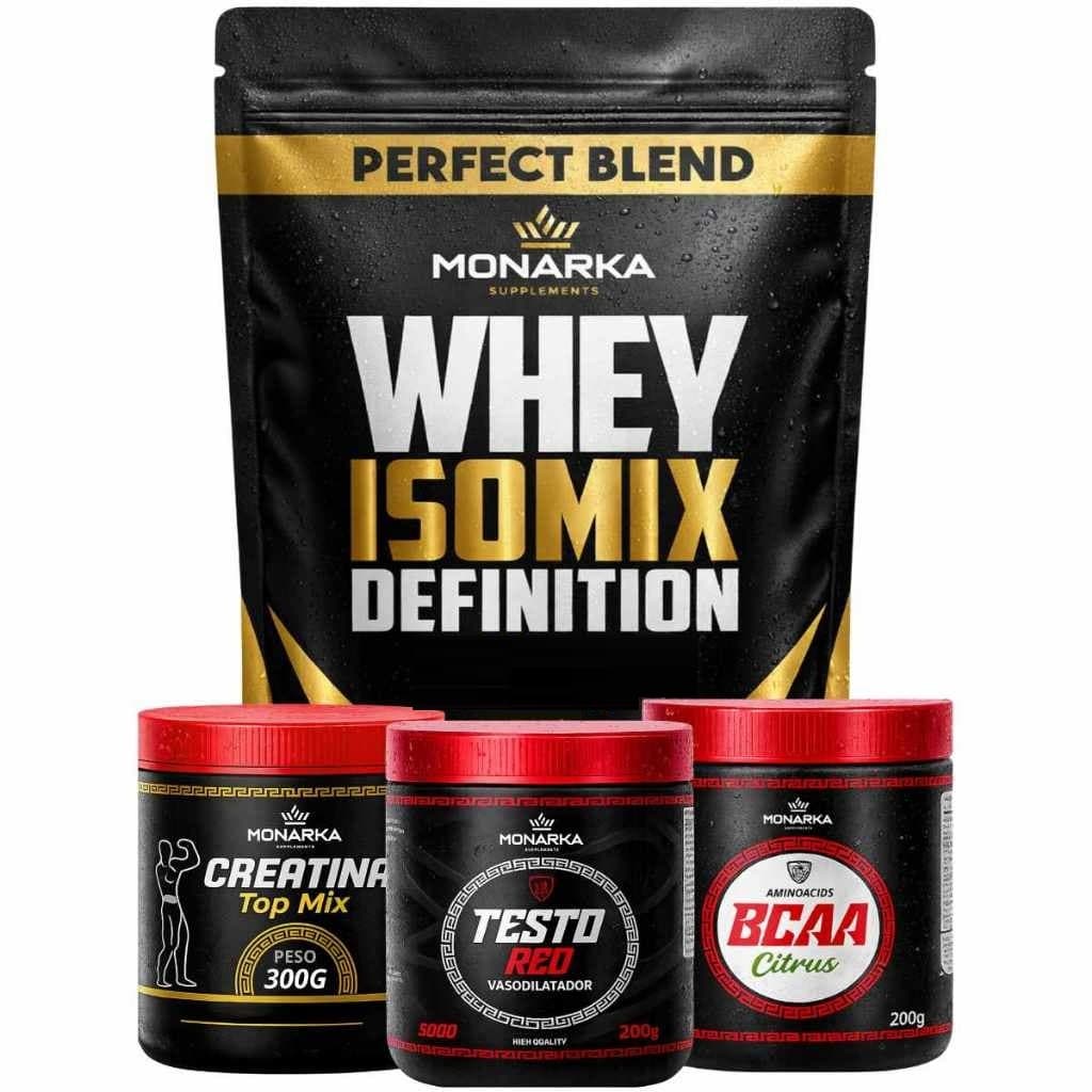 Kit Whey Protein 1Kg Blend Proteina + Creatina TopMix 300g + Pré Treino TestoRed 200g + BCAA 200g - 01
