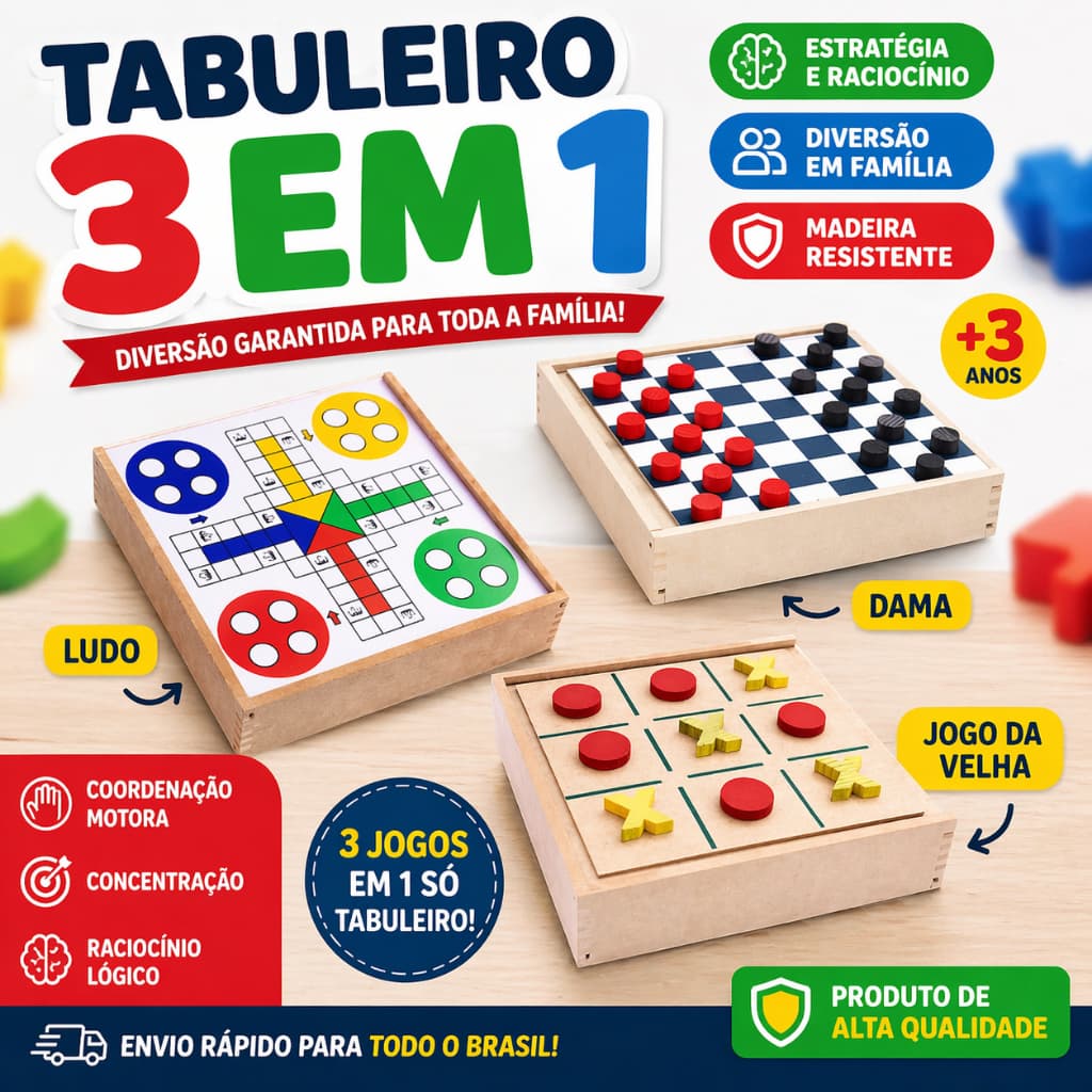 Jogo 3 em 1 em MDF: Diversão Garantida com Dama, Ludo e Jogo da Velha em Família