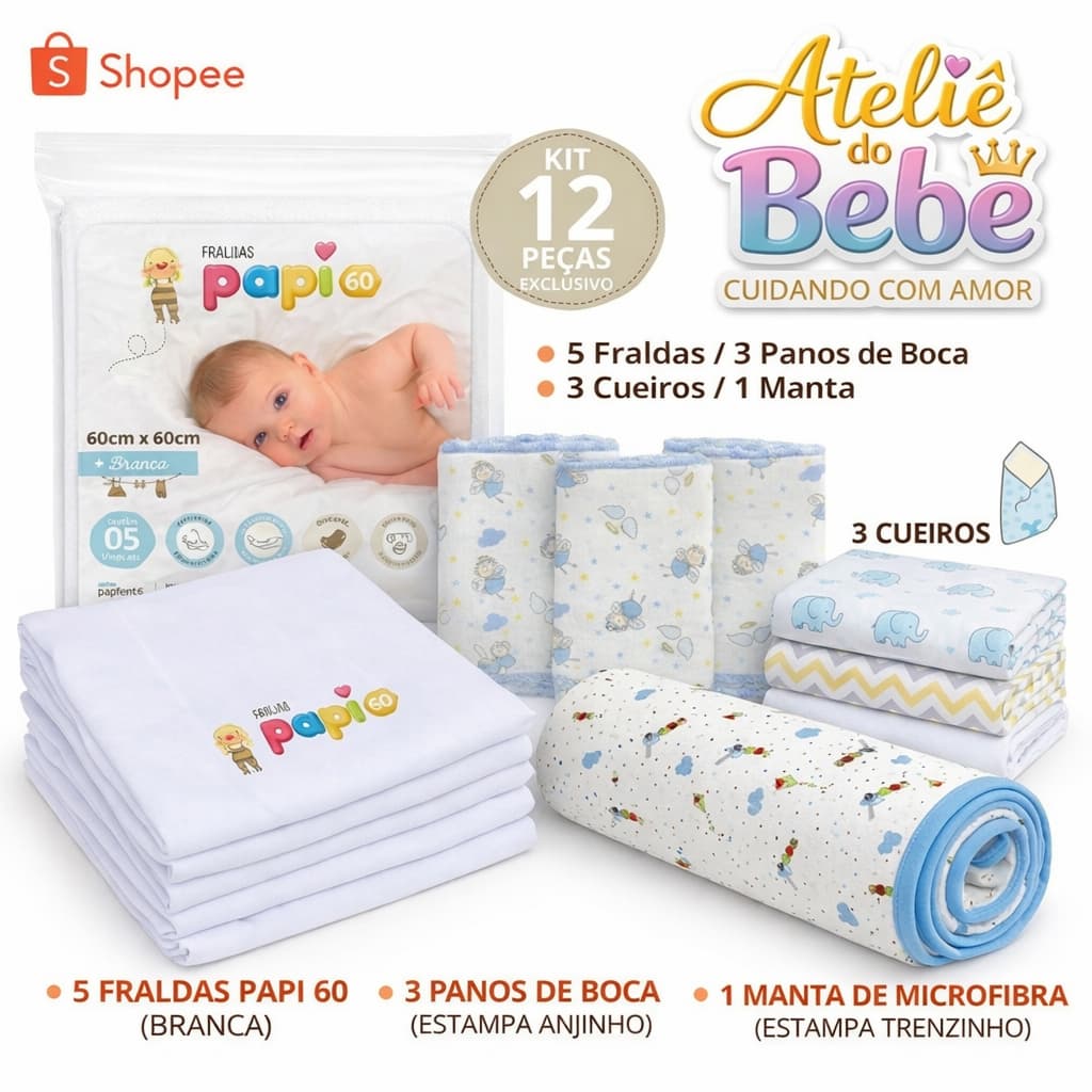 Enxoval Bebê Completo 12 Peças Papi Fralda Cueiro Manta Kit Maternidade Recém Nascido Algodão Macio