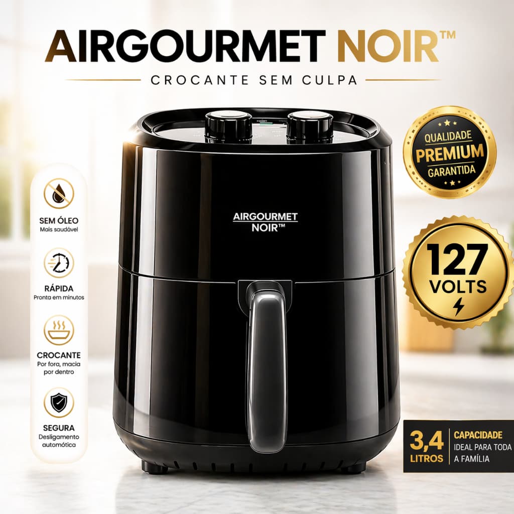 Fritadeira Sem Óleo 3.4 Litros Air Fryer 127V | Preta Compacta Cozinha Saudável Rápida Antiaderente