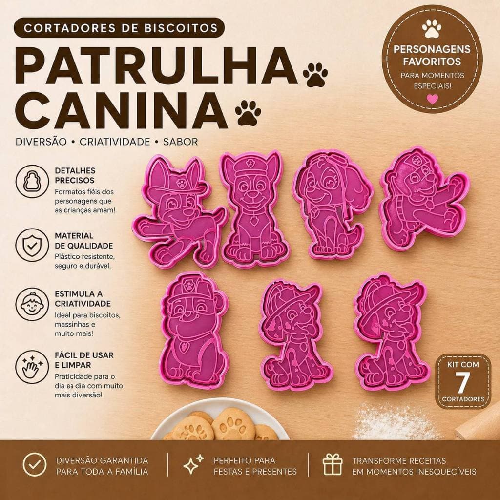 Kit com 7 Cortadores Marcadores de Biscoitos/Massinha de Modelar - Patrulha Canina