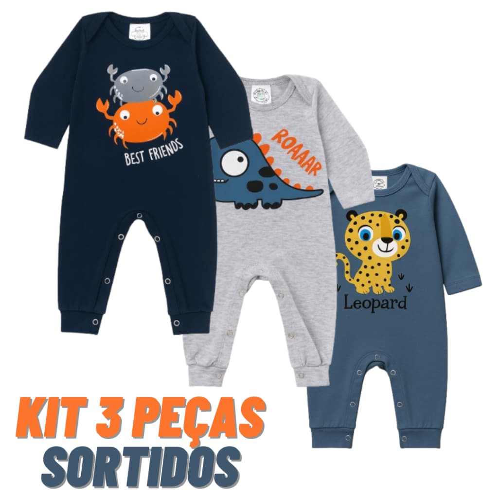 Kit 3 Macacão Bebê Infantil Algodão Manga Longa Menino Ou Menina Sortidos
