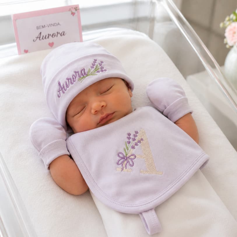 Kit Maternidade Personalizado Bebê Menina Touca Luvas Paninho Boca com Prendedor de Chupeta Nome Bordado Rosa Rosé Lilás