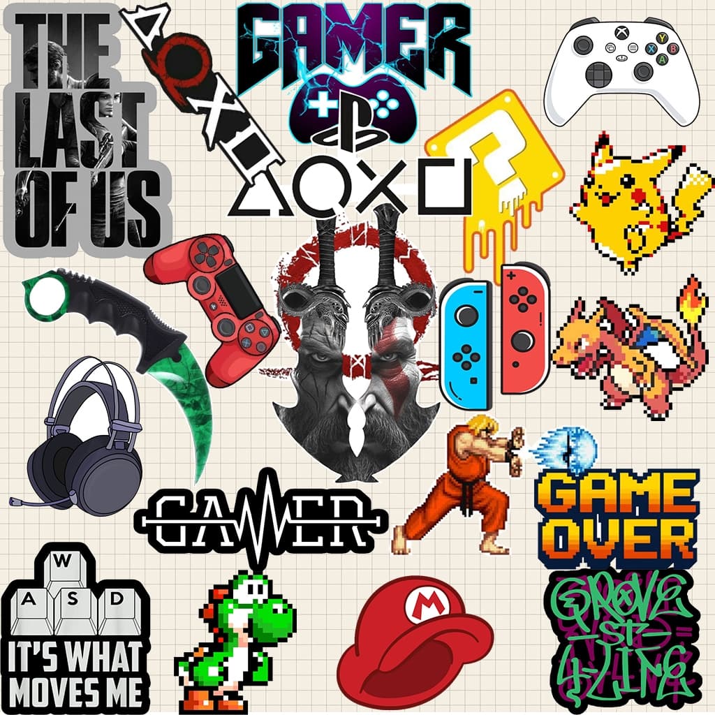 Kit 20 Adesivos Gamer Jogos Vídeo Game À Prova D'Água PC Garrafa Notebook Caderno