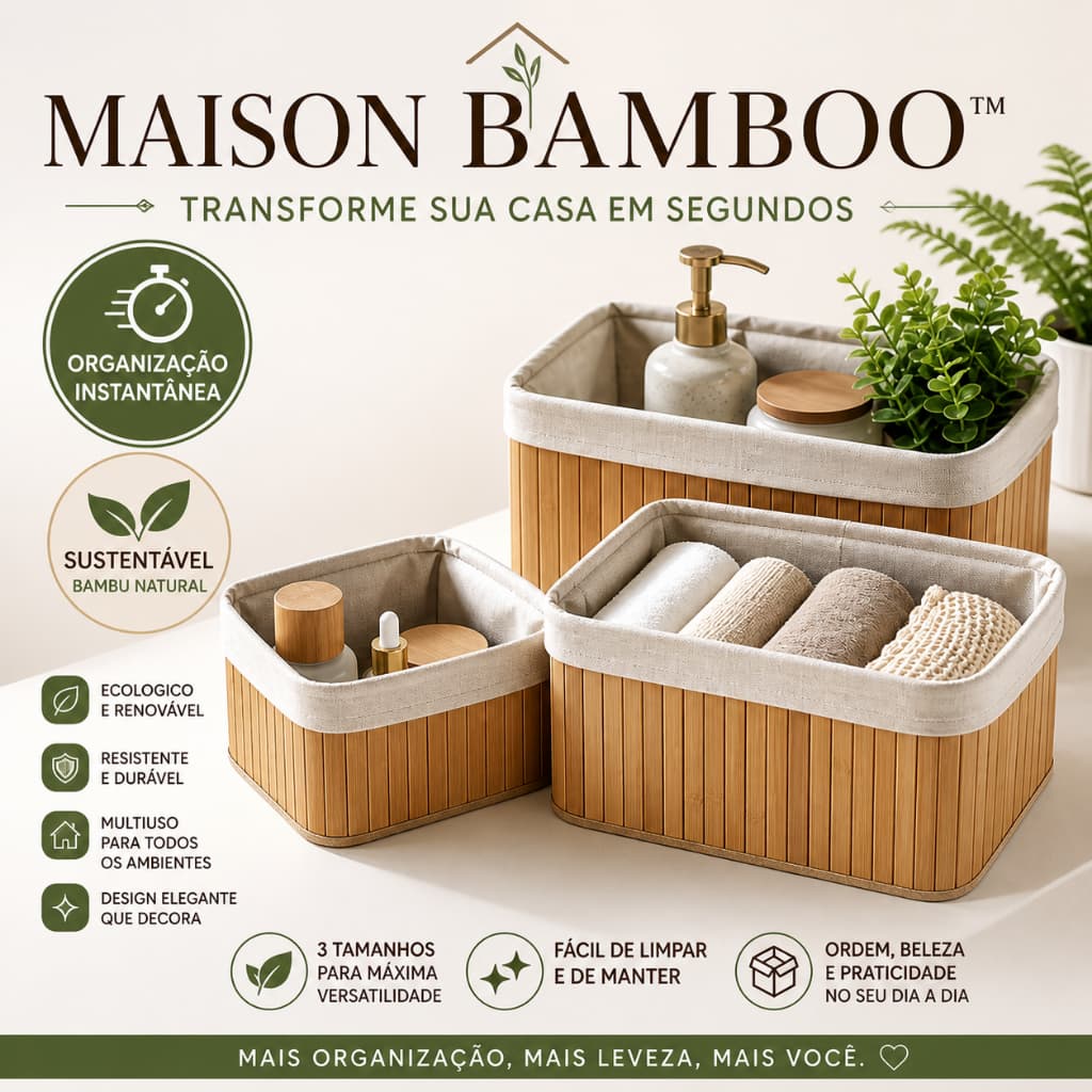 Kit 3 Cestos Organizadores de Bambu Multiuso Premium Organizador para Casa quarto Banheiro Cozinha Decoração Sustentável