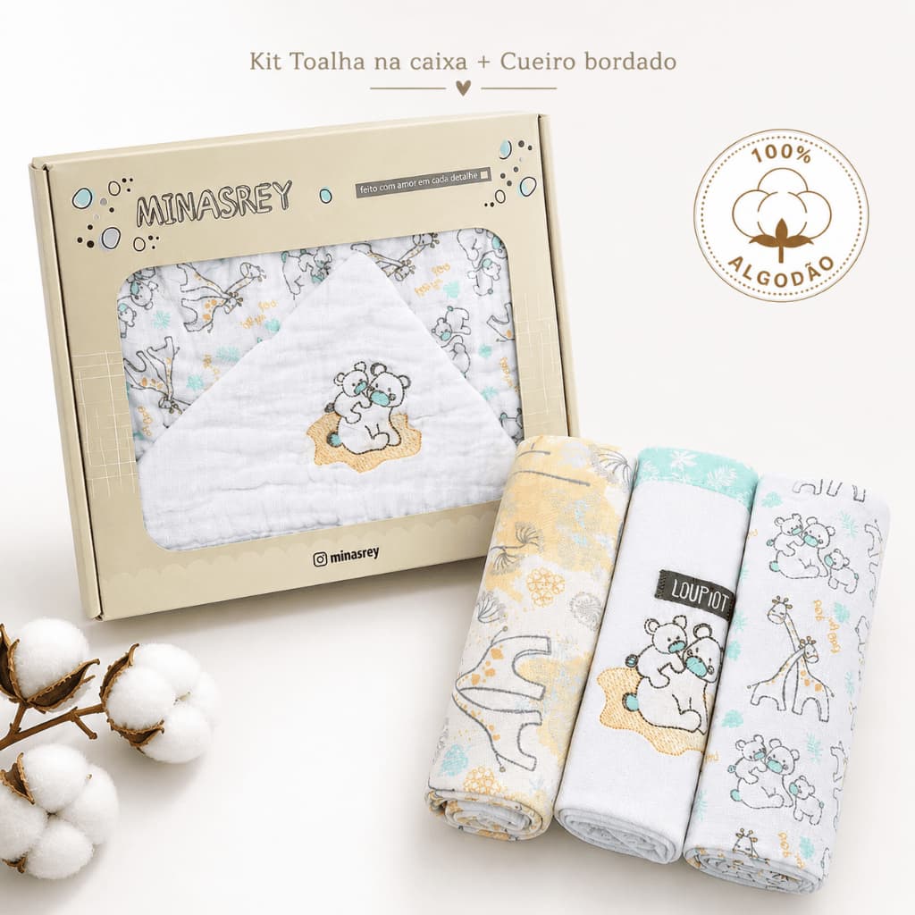 Kit Enxoval Bebê Toalha Banho Capuz Bordada + 3 Cueiros Flanelados 100% Algodão Swaddle Presente Recém-Nascido