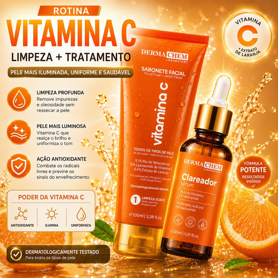 Kit Dermachem Sabonete Vitamina C Limpeza Facial + Sérum Hidratante Iluminador ação clareadora