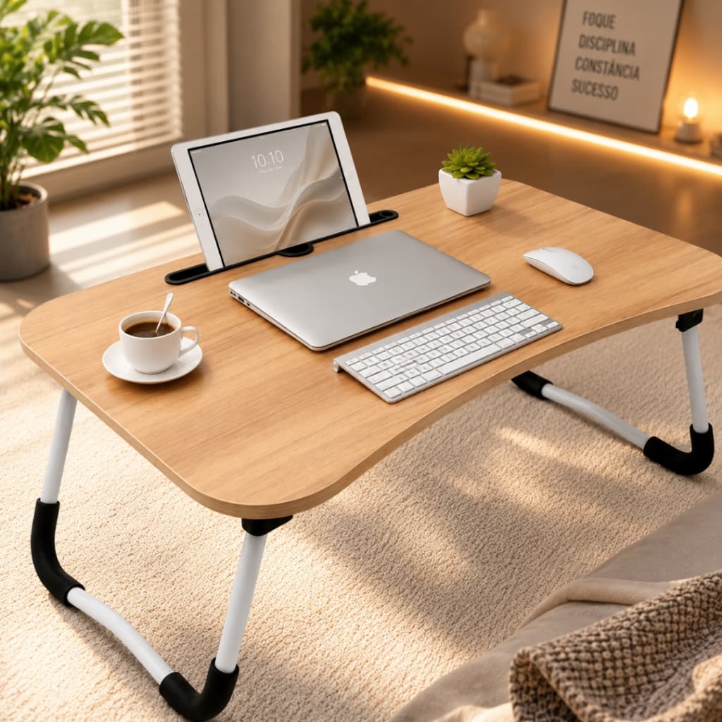 Mesa Portátil para Notebook Home Office Cama Bege Preto Dobrável Portátil com Porta Copo