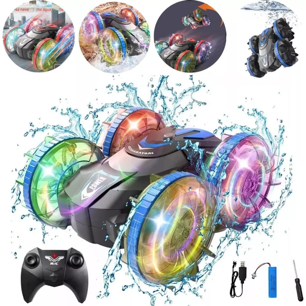 Carrinho Controle Remoto Carro Brinquedo Acrobático Anfíbio 360° Recarregável LED Drift Off Road Infantil Radical