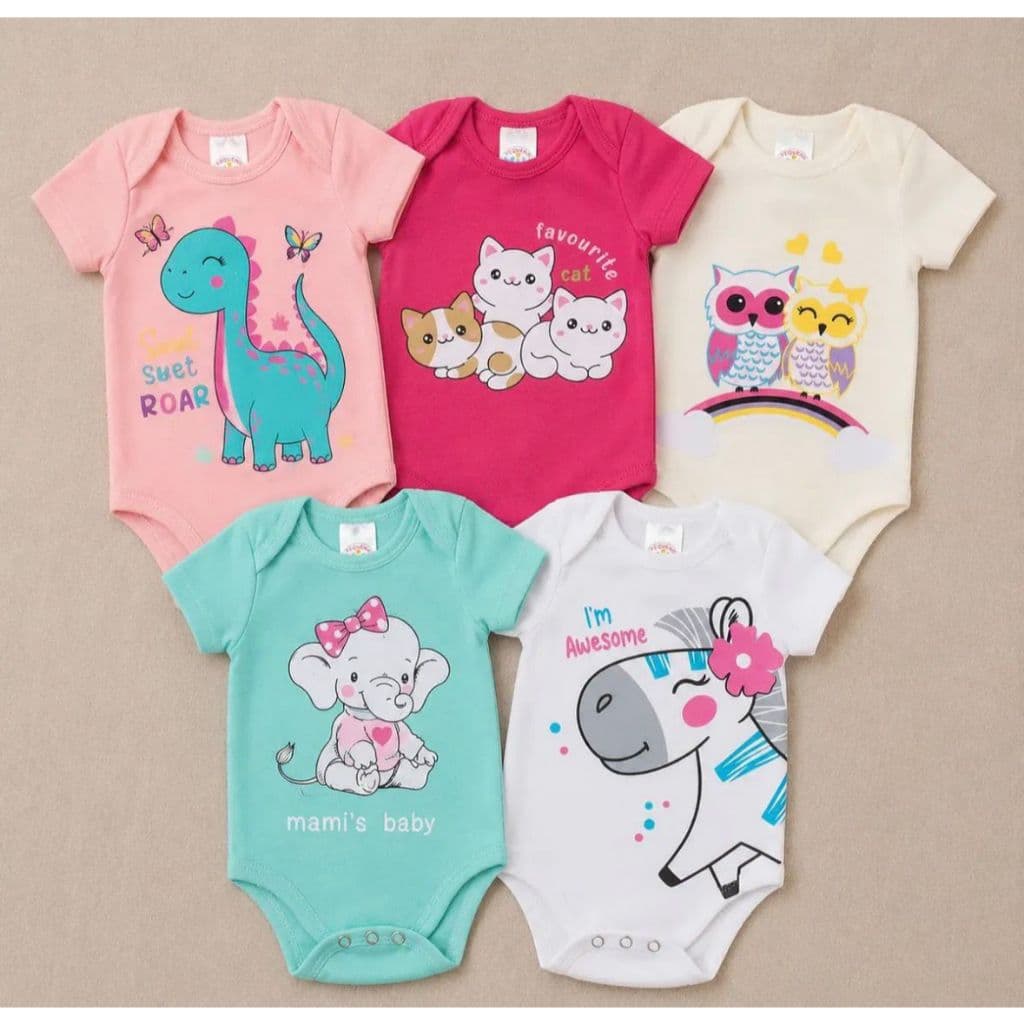 Kit 5 body manga curta bebê menina menino criança verão