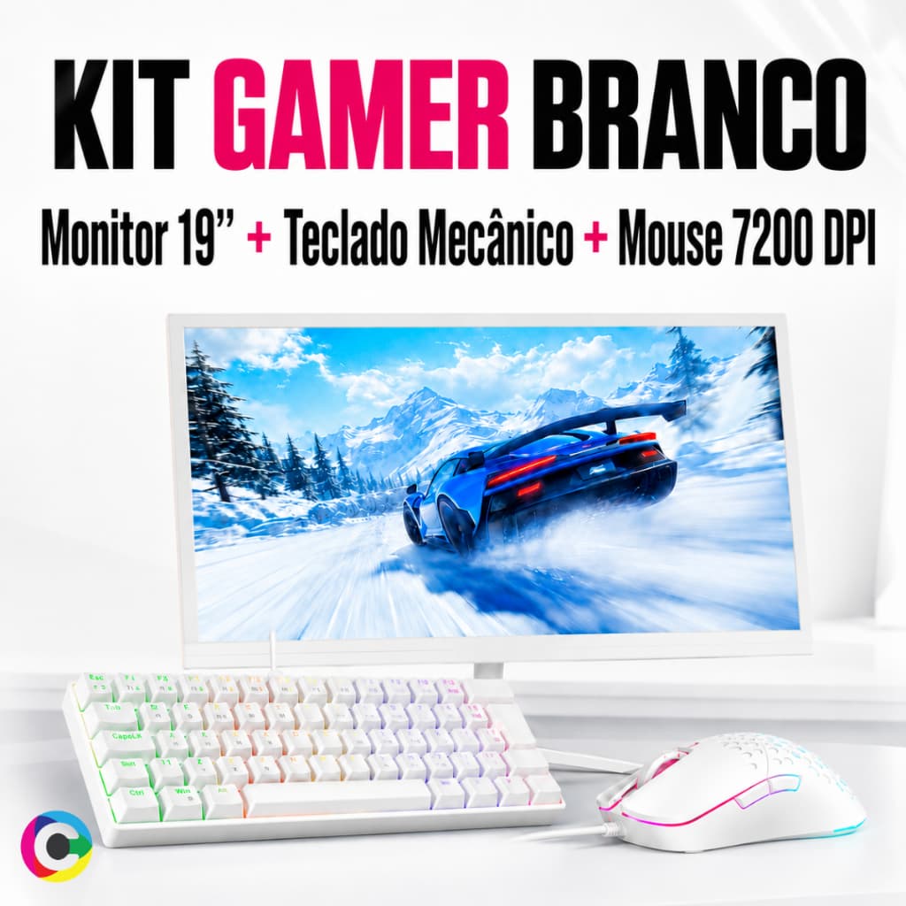 Kit Gamer Branco Monitor 19” Teclado Mecânico LED Mouse Gamer 7200 DPI RGB Rainbow conexões HDMI VGA
