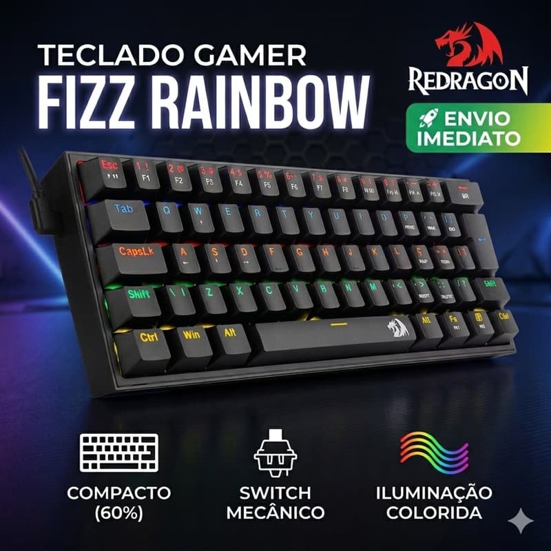 Teclado Mecânico Gamer Redragon Fizz Rainbow, Switch Marrom, Preto