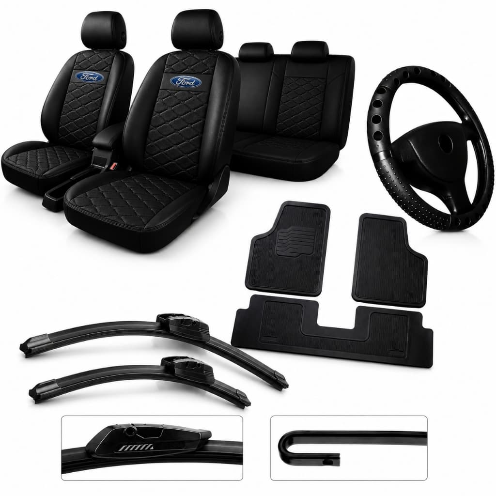 kit Capa para banco Automotivo em Couro  palheta limpador tapete e volante Ford Ka Fiesta Ecosport