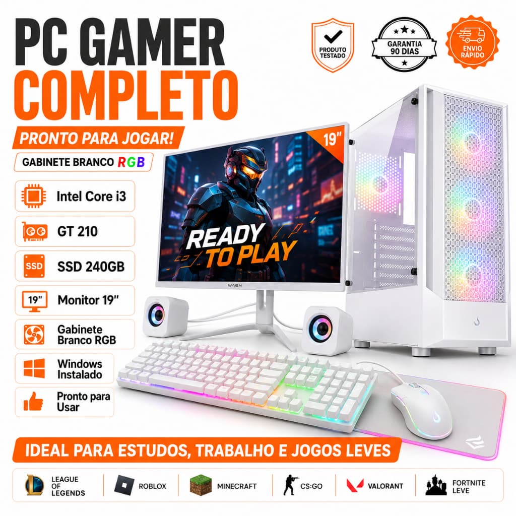 PC Gamer Completo i3 GT 210 SSD 240GB Gabinete Branco RGB Monitor 19 Windows