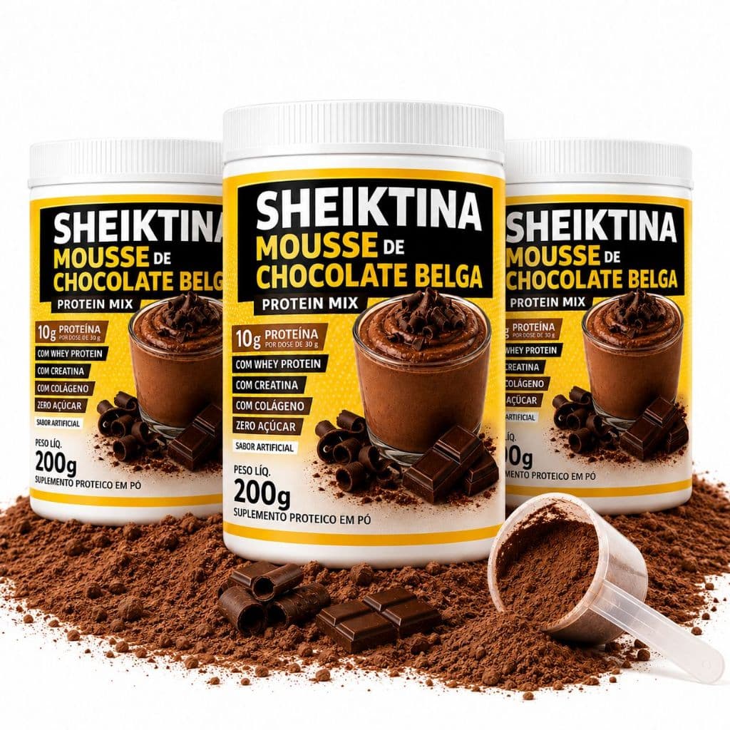 3 Sheiktina Mousse Chocolate Belga 200g | Protein Mix Zero Açúcar – Whey Protein + Creatina + Colágeno | Supl. Proteico