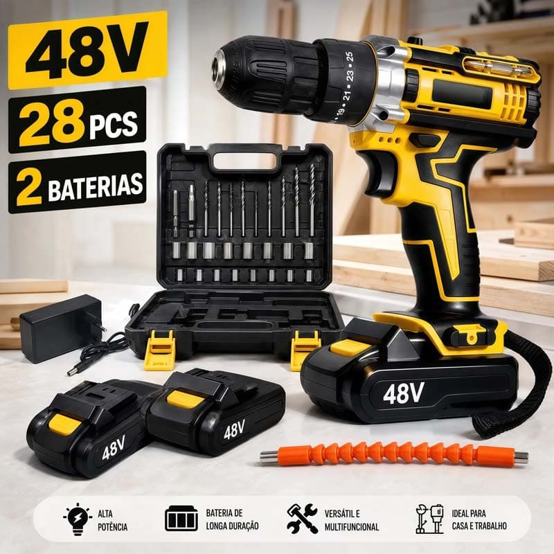 Parafusadeira Furadeira De Impacto 48V Profissional Bivolt Jogo De Ferramentas 28 Pçs Maleta 2 Baterias