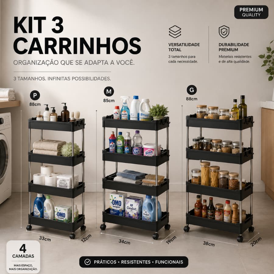 Kit 3 Carrinhos Organizadores Multiuso 4 Andares Rodinhas Preto Branco Banheiro Cozinha Lavanderia
