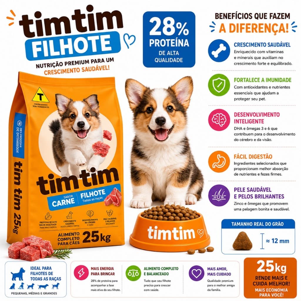 Ração Cachorro Filhote 25kg Tim Tim Dog Premium Sabor Carne 28% Proteína