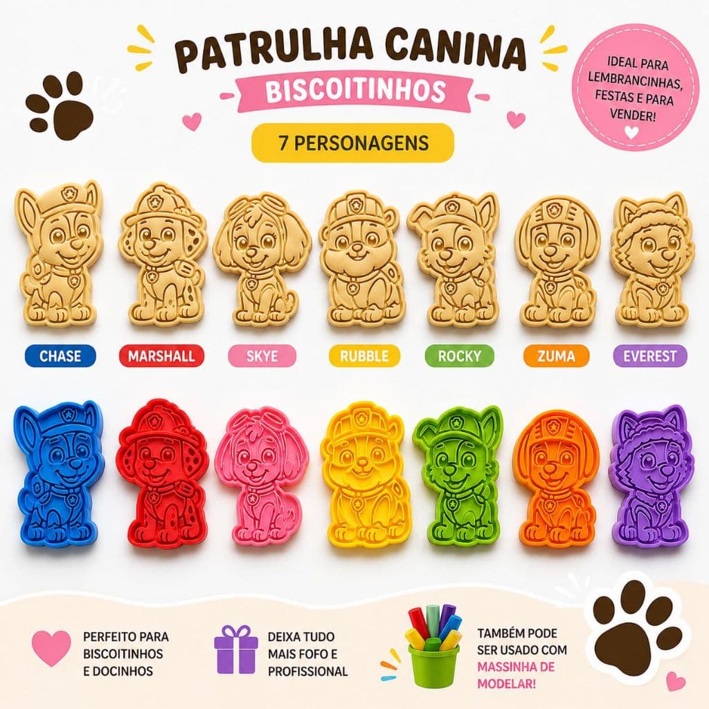 Kit Cortadores De Biscoito Patrulha Canina 7 Modelos (com pegador) massinha de modelar