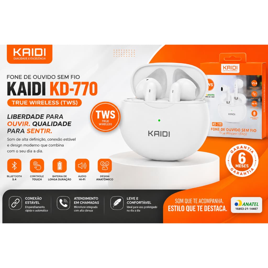 Fone de Ouvido Sem Fio Bluetooth TWS KAIDI KD-770 com Bluetooth 5.1 WHITE