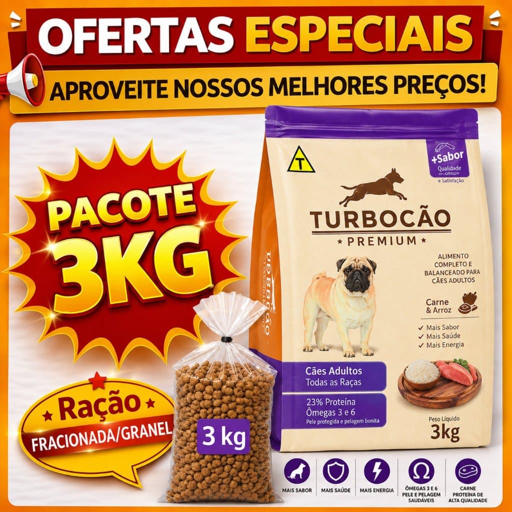 Ração P/ Cachorro Turbocão Premium Raças Pequenas Granel e fracionado 3 kilos
