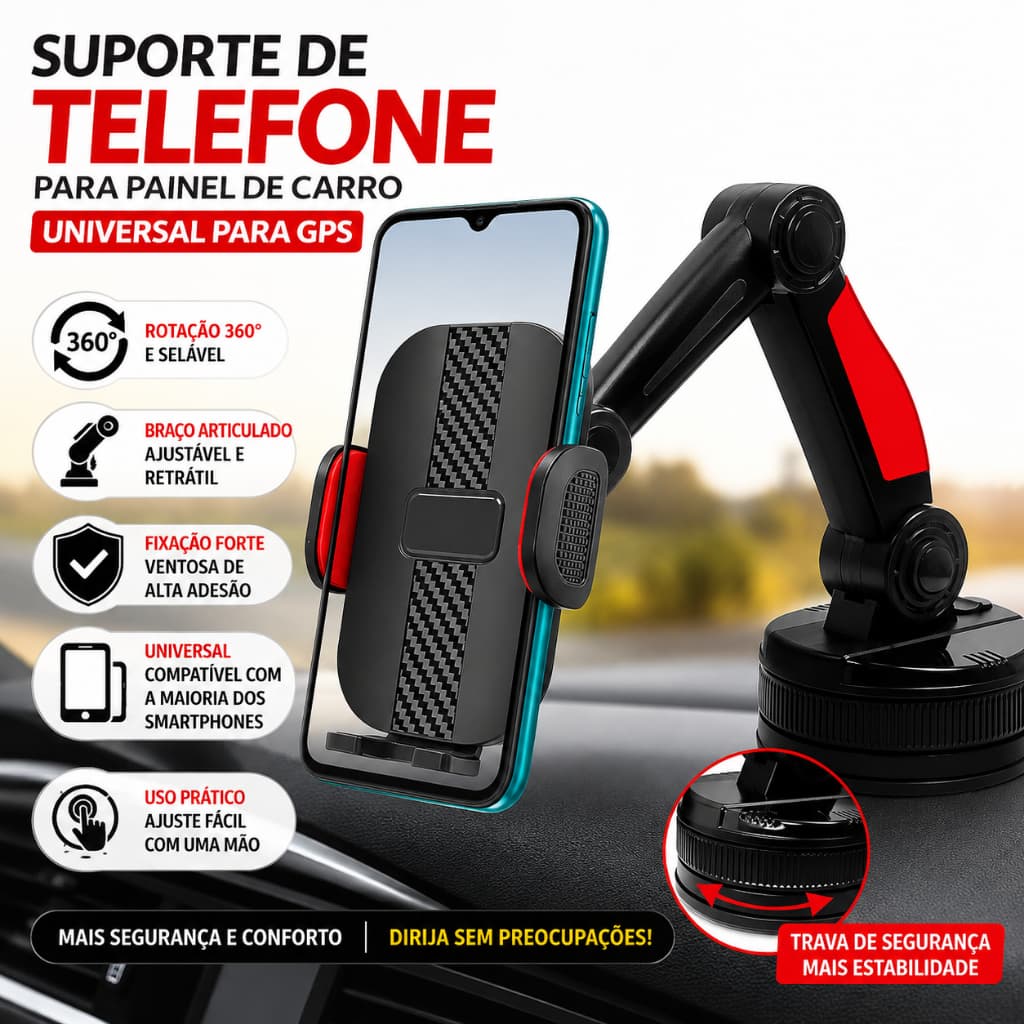 Suporte Celular Painel Carro Universal GPS Trava Automática e Fixação Extra Forte  Ideal p/ Uber e Viagens
