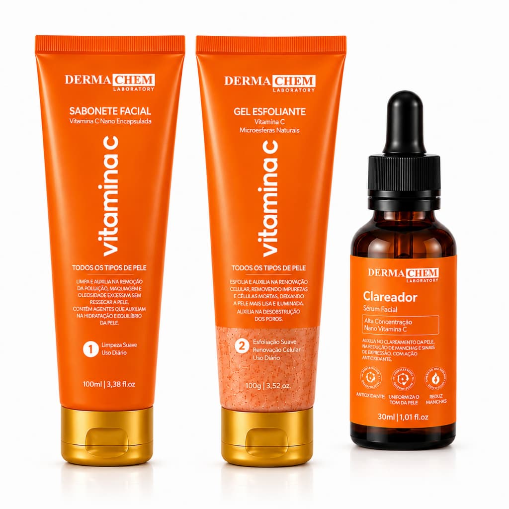 Kit Vitamina C Dermachem Sabonete Facial + Gel Esfoliante + Sérum Clareador