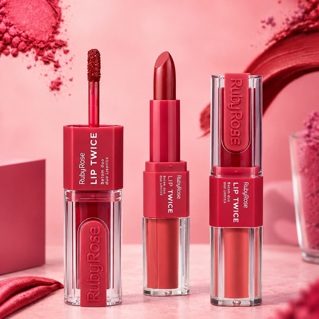 Batom Duo Lip Twice Ruby Rose 2 em 1 Líquido + Matte Longa Duração Alta Fixação Prova d’Água