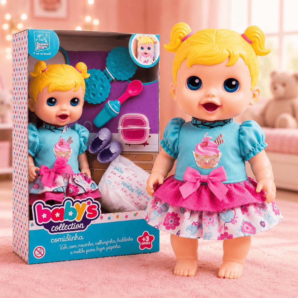 Boneca Babys Collection Original Comidinha Come e Faz Caquinha Articulada Roupinha Menina Super Toys