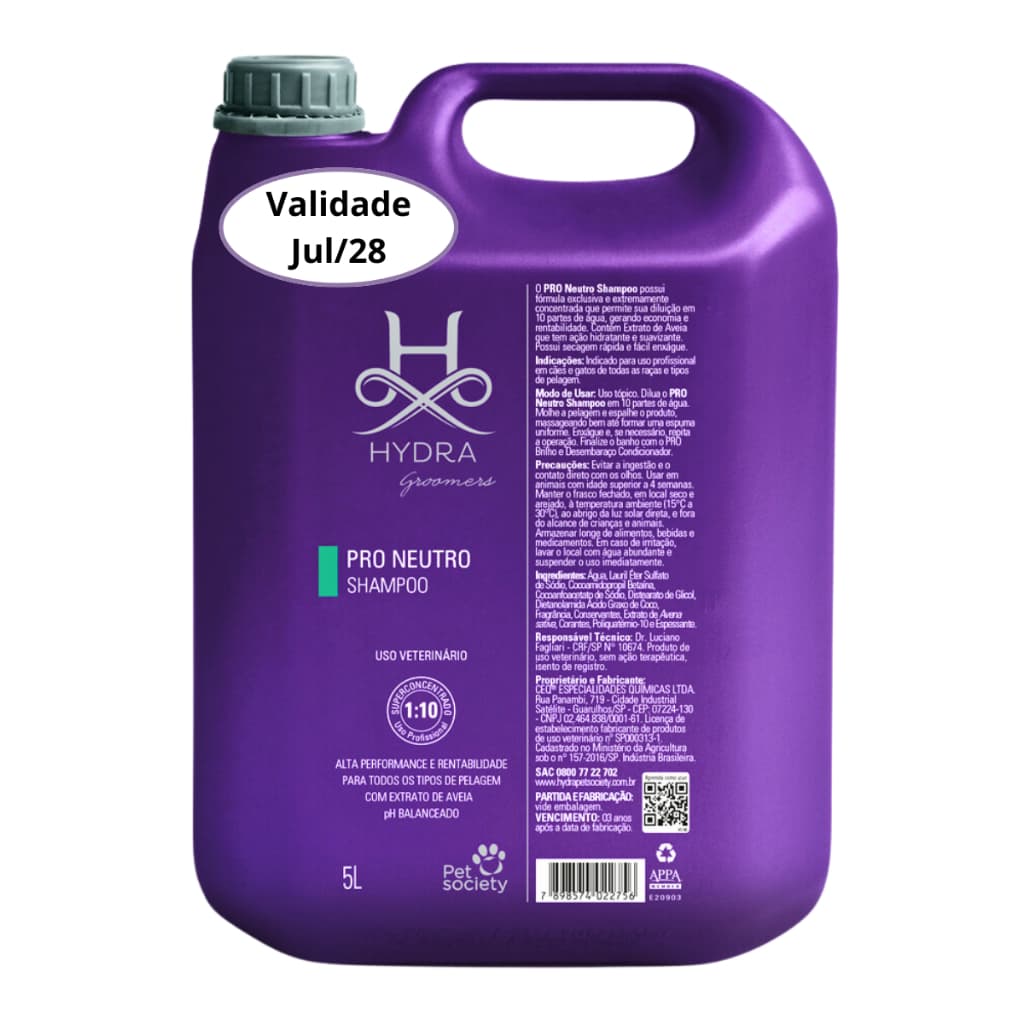 Shampoo Pro Neutro 5L Hydra Groomers Pet Society Banho Limpeza Suave Profissional Pet Cachorro Gato