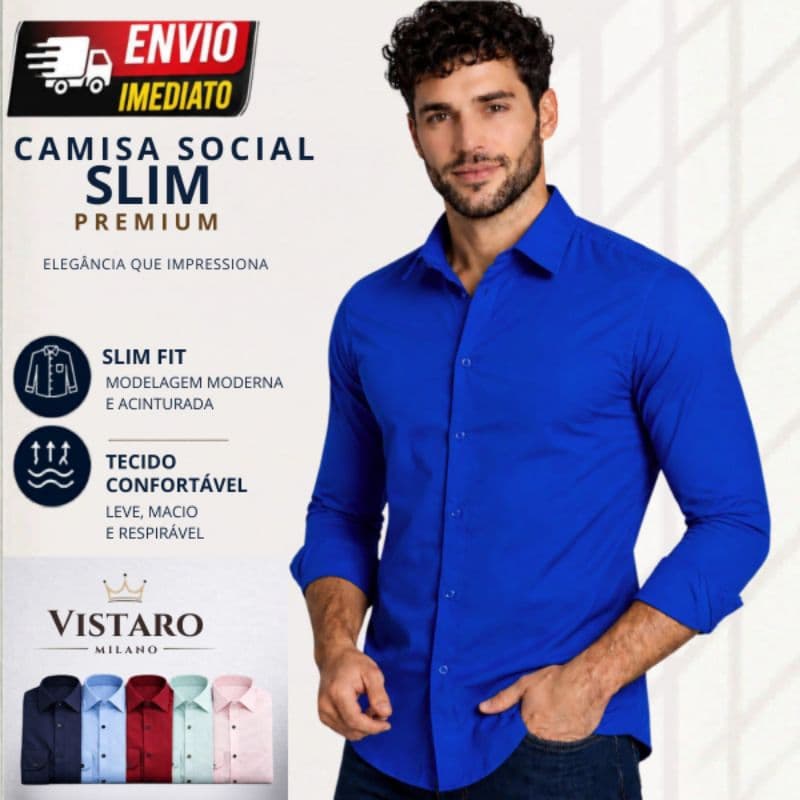 Camisa Masculina Social Manga Longa Slim Fit para Trabalho Festa e Eventos