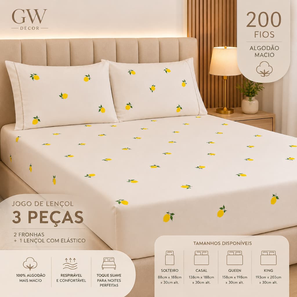 Jogo de Lençol 200 Fios Estampado Limão Algodão Premium Casal Queen King Solteiro