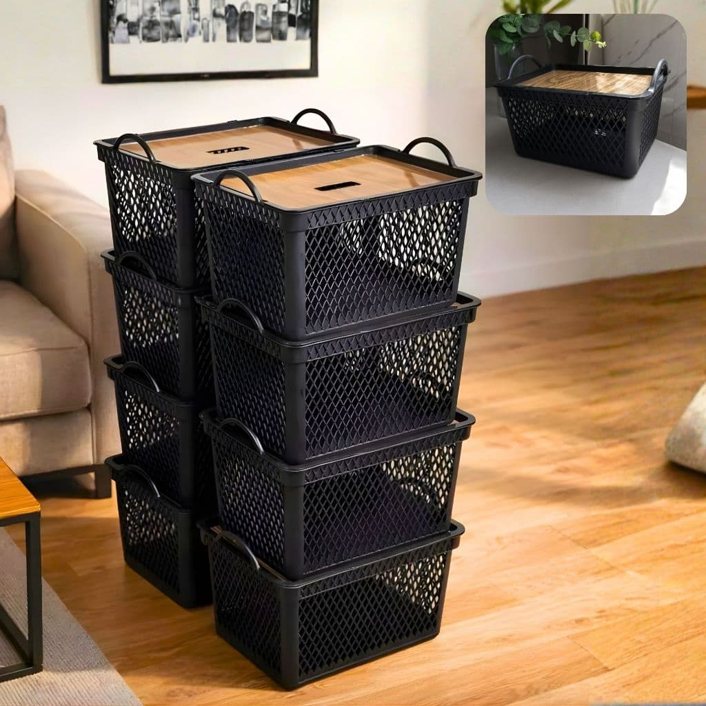 Kit Cestos Organizador Multiuso Telado 20L Tampa Label Madeira Alça Banheiro Brinquedo Lavanderia Antimofo Caixa Roupa
