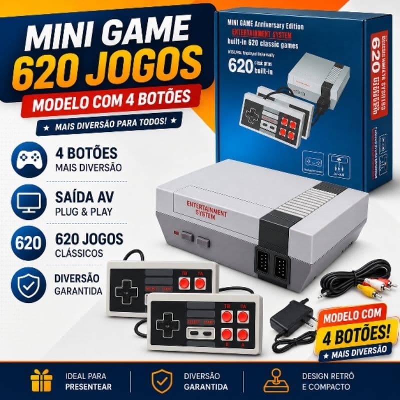 Video game mini 620 jogos retro, portátil console super clássicos emulador para tv com 2 controles, jogos antigos retro